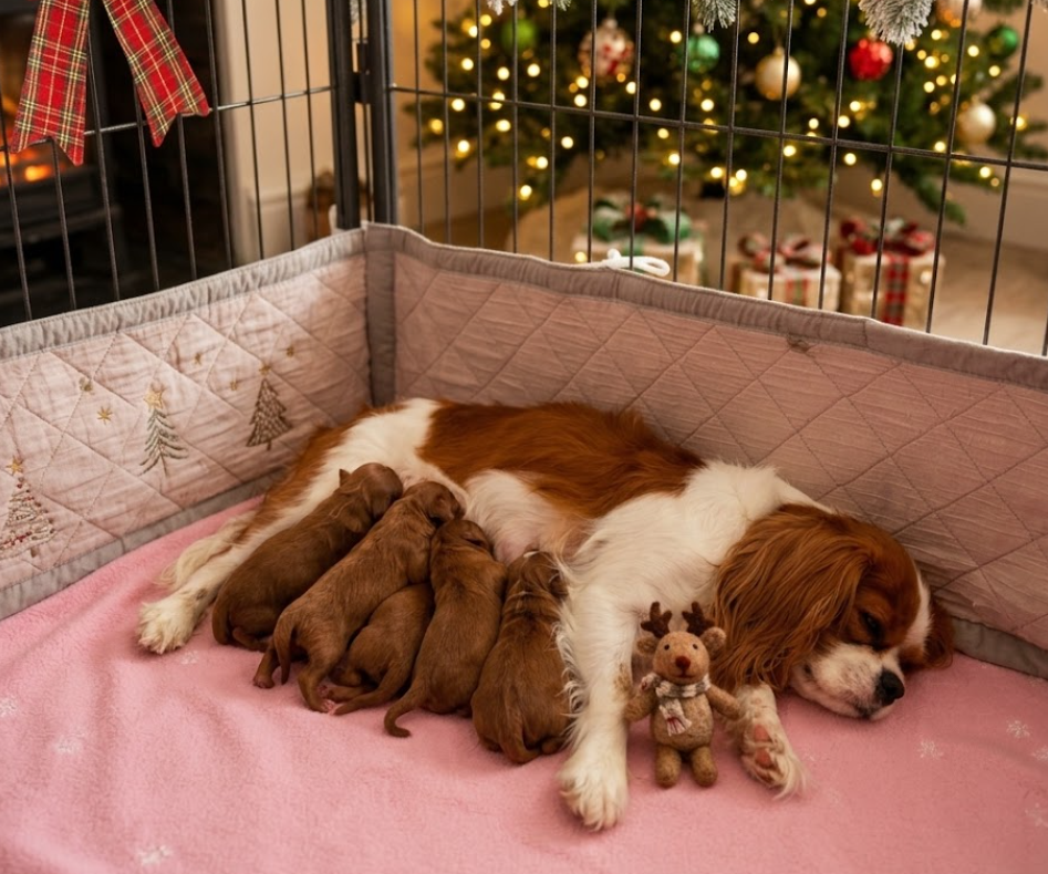 Our Christmas Cavoodle puppies together with their mum