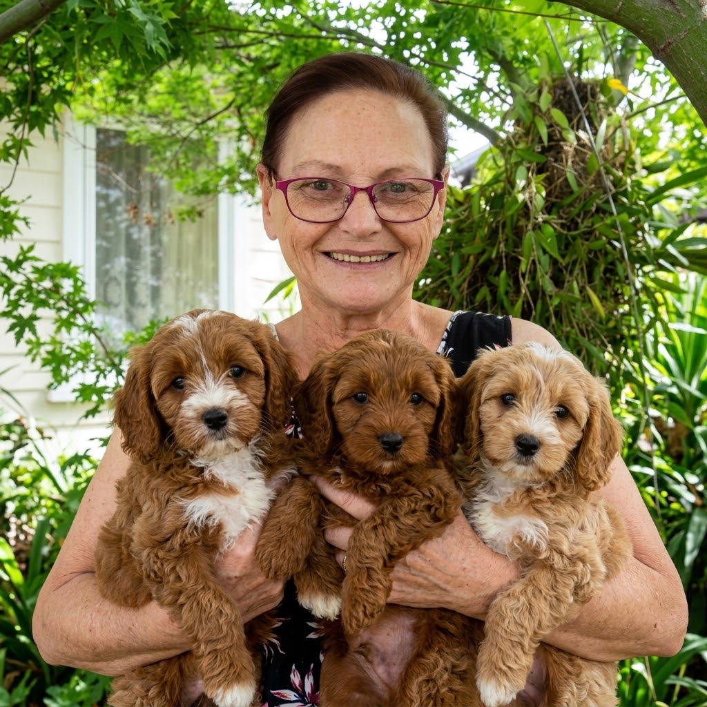 Dianne holding three Cavoodle puppies in the garden