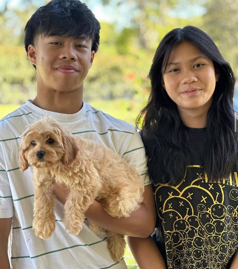 Photo of Alex and Priya with their Cavoodle